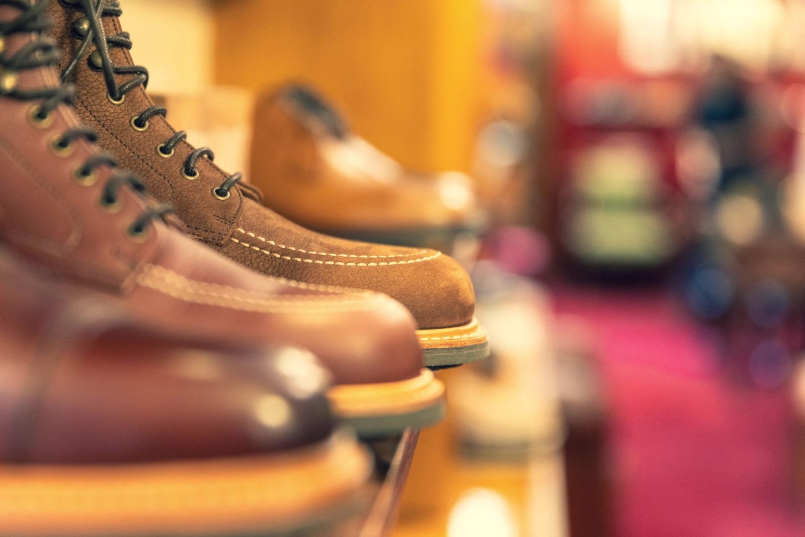 A row of leather boots lined up along a shelf.